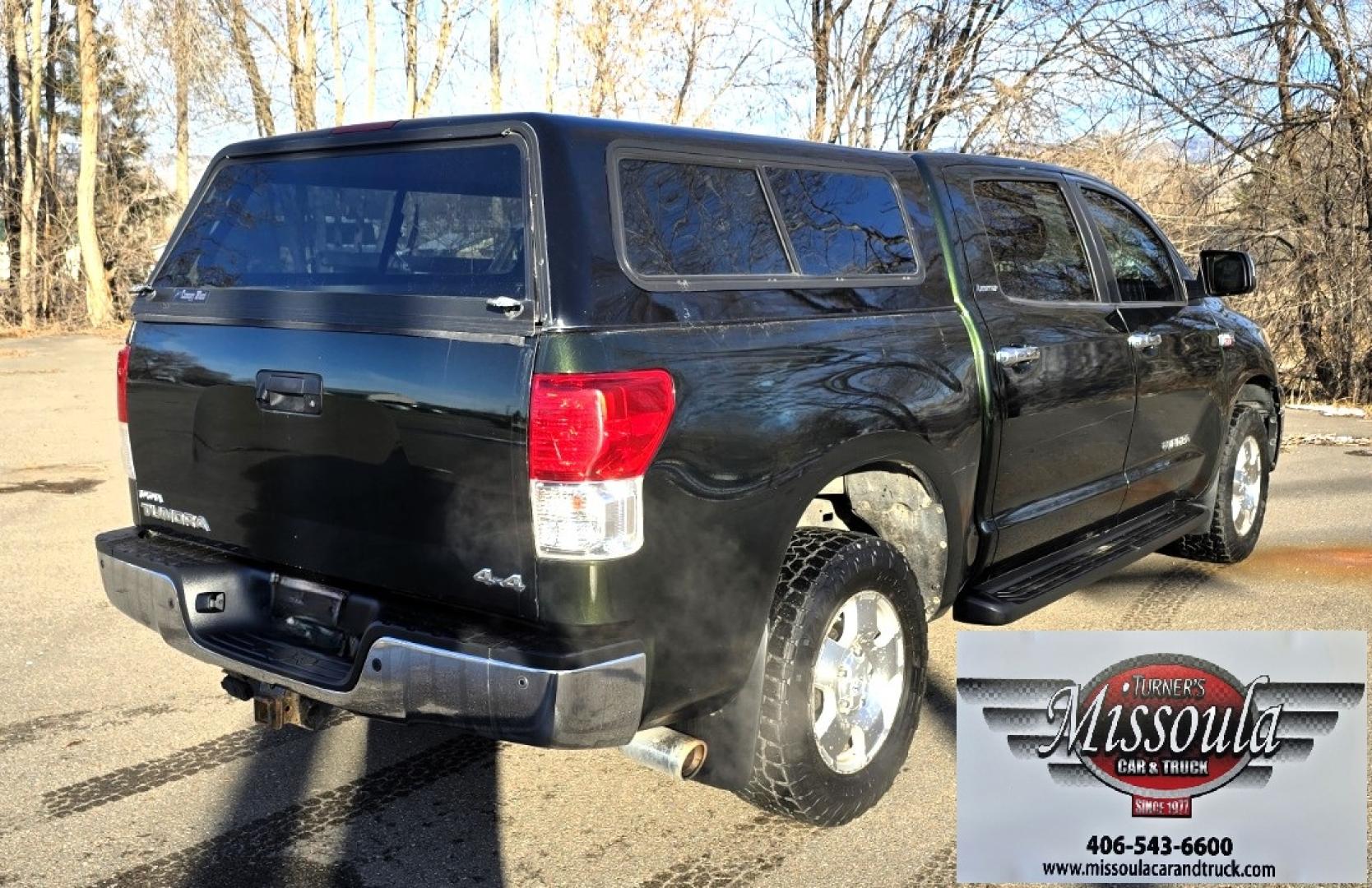 2013 Green /Gray Toyota Tundra Limited 5.7L CrewMax 4WD (5TFHY5F18DX) with an 5.7L V8 DOHC 32V engine, 6-Speed Automatic Overdrive transmission, located at 450 N Russell, Missoula, MT, 59801, (406) 543-6600, 46.874496, -114.017433 - Reliable 4WD Tundra Limited. 5.7L V8 Engine. 6 Speed Automatic Transmission. It's a Crewmax so there is a crazy amount of room in the Cab. Power Heated Front Seats. Power Sunroof. Backup Camera. Air. Cruise. Tilt. AM FM CD. Bluetooth. Backup Camera. Running Boards. Comes with a Nice Topper. Toyota - Photo#3