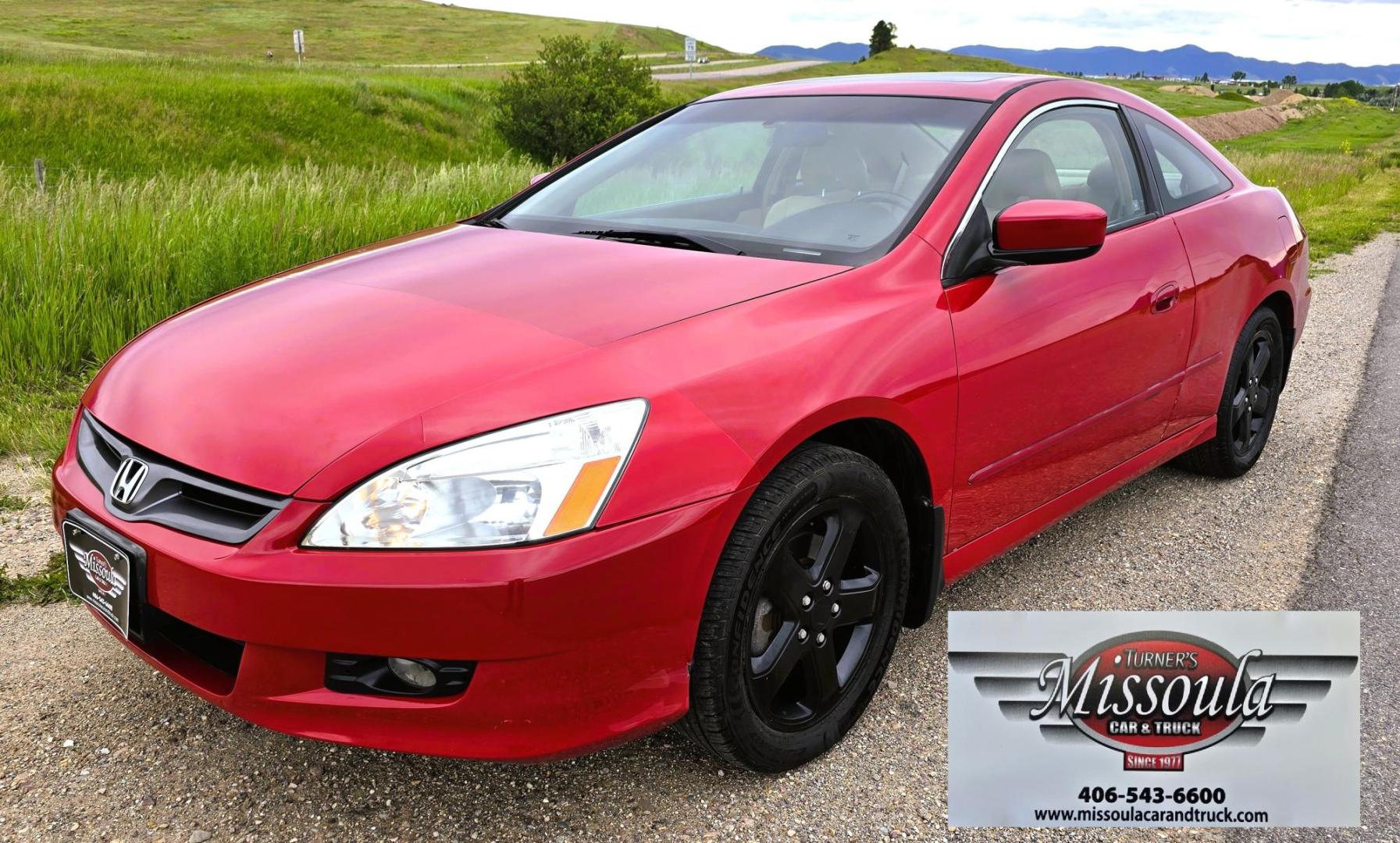 2006 Red /Tan Honda Accord EX V-6 Coupe w/ Nav/ XM Radio (1HGCM81736A) with an 3.0L V6 SOHC 24V engine, 6-Speed Manual Overdrive transmission, located at 450 N Russell, Missoula, MT, 59801, (406) 543-6600, 46.874496, -114.017433 - Another Unicorn! One Owner 06 Accord Coupe with a 6 Speed Manual Transmission. 3.0L V6 Engine. Navigation. AM FM 6 Disc Changer. Air. Cruise. Tilt. Sunroof. Power Windows and Locks. Power Drivers Seat. Heated Seats. Front Wheel Drive. All this and still under 100K Miles! Front seats wear showing wea - Photo#4