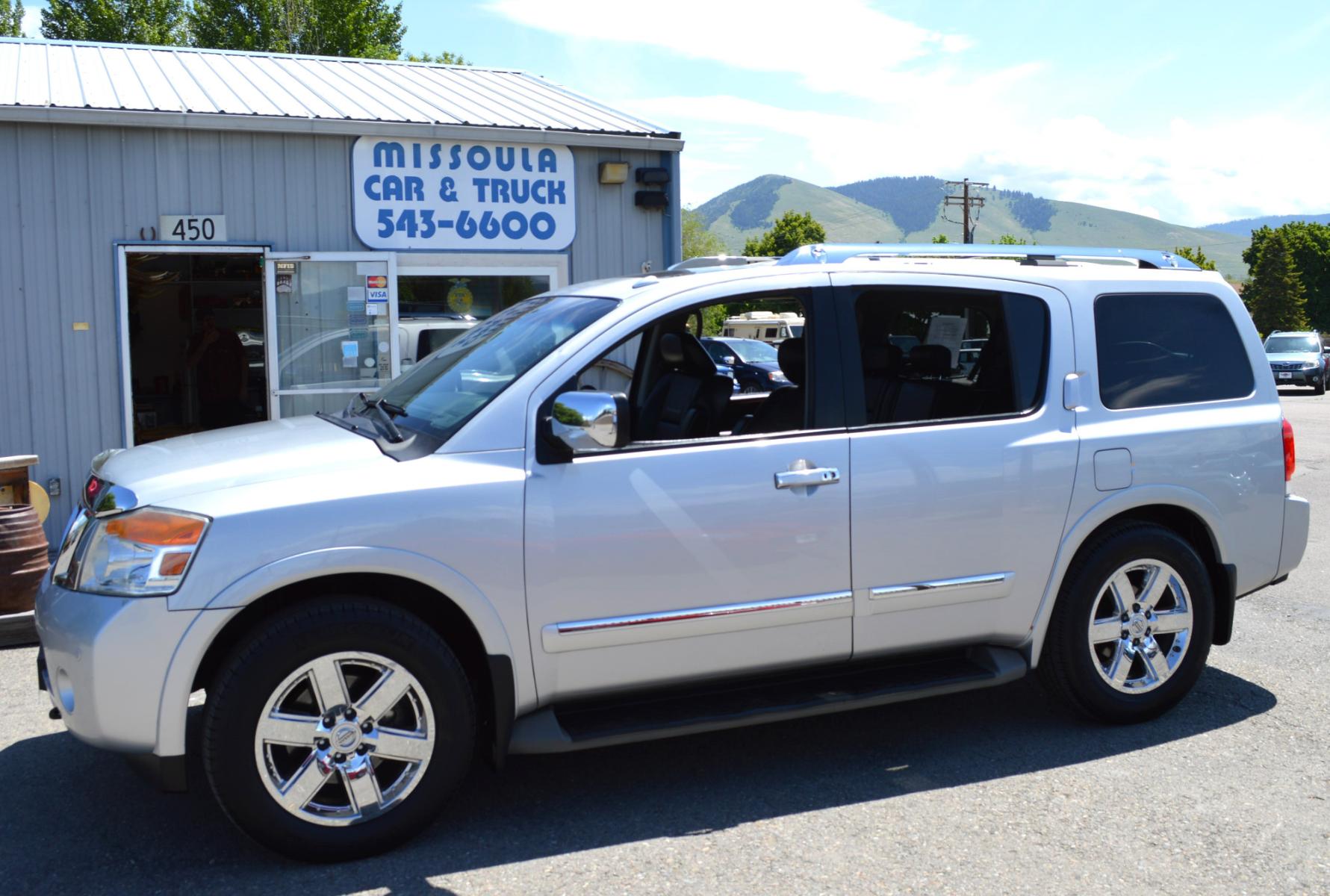 2011 Silver Nissan Armada SL 4WD (5N1AA0NC5BN) with an 5.6L V8 DOHC 32V engine, 5-Speed Automatic transmission, located at 450 N Russell, Missoula, MT, 59801, (406) 543-6600, 46.874496, -114.017433 - Really Nice SUV. 4 Wheel Drive. Power Sunroof. 3rd Row Seating. Rear Entertainment. Leather Heated Seats. Air. Cruise. Tilt. LOADED! - Photo #0