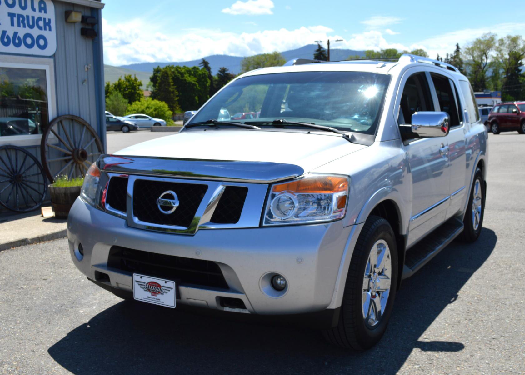 2011 Silver Nissan Armada SL 4WD (5N1AA0NC5BN) with an 5.6L V8 DOHC 32V engine, 5-Speed Automatic transmission, located at 450 N Russell, Missoula, MT, 59801, (406) 543-6600, 46.874496, -114.017433 - Really Nice SUV. 4 Wheel Drive. Power Sunroof. 3rd Row Seating. Rear Entertainment. Leather Heated Seats. Air. Cruise. Tilt. LOADED! - Photo #1