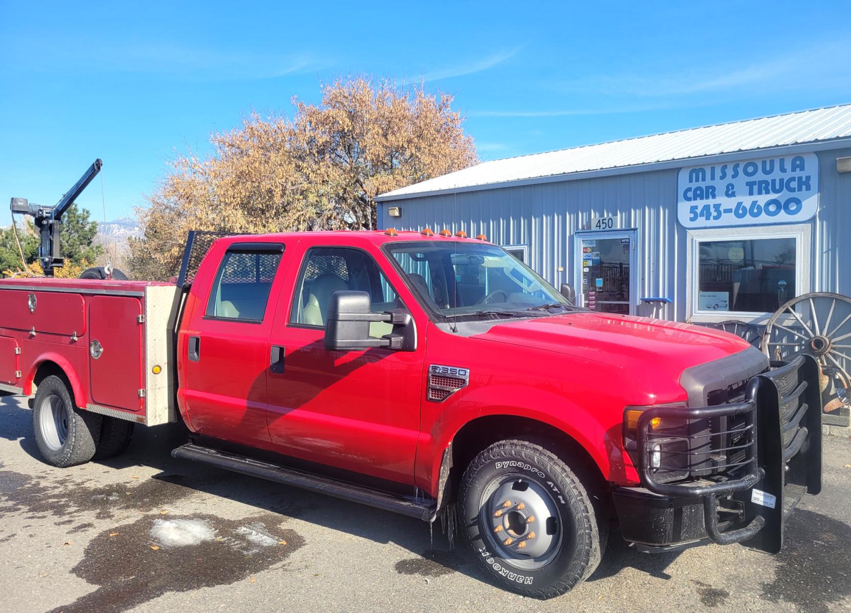 2008 Red Ford F-350 SD Lariat Crew Cab DRW 2WD (1FDWW36R48E) with an 6.4L V8 OHV 32V TURBO DIESEL engine, 5 Speed Automatic transmission, located at 450 N Russell, Missoula, MT, 59801, (406) 543-6600, 46.874496, -114.017433 - One Ton Dually. 2WD. Automatic Transmission. Air Conditioning. Utility Box with Electric Hoist. Only 137K Miles - Photo #0