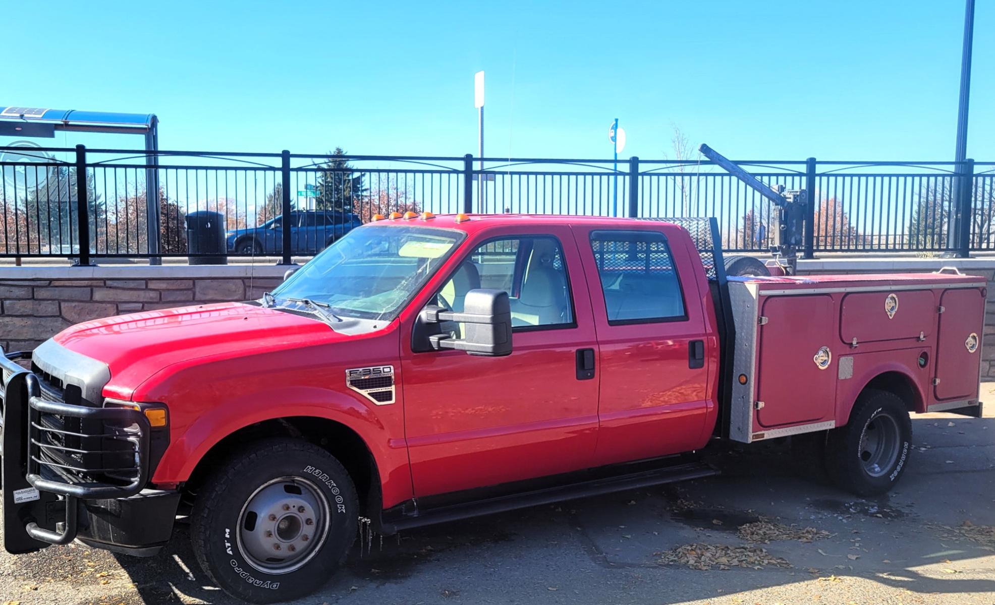 2008 Red Ford F-350 SD Lariat Crew Cab DRW 2WD (1FDWW36R48E) with an 6.4L V8 OHV 32V TURBO DIESEL engine, 5 Speed Automatic transmission, located at 450 N Russell, Missoula, MT, 59801, (406) 543-6600, 46.874496, -114.017433 - One Ton Dually. 2WD. Automatic Transmission. Air Conditioning. Utility Box with Electric Hoist. Only 137K Miles - Photo #1
