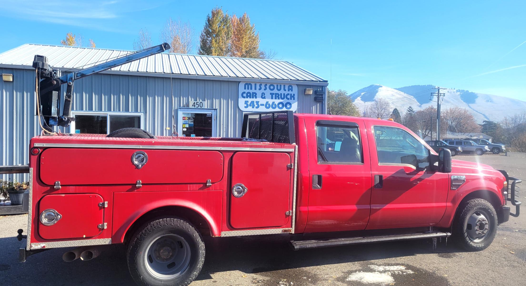 2008 Red Ford F-350 SD Lariat Crew Cab DRW 2WD (1FDWW36R48E) with an 6.4L V8 OHV 32V TURBO DIESEL engine, 5 Speed Automatic transmission, located at 450 N Russell, Missoula, MT, 59801, (406) 543-6600, 46.874496, -114.017433 - One Ton Dually. 2WD. Automatic Transmission. Air Conditioning. Utility Box with Electric Hoist. Only 137K Miles - Photo #4