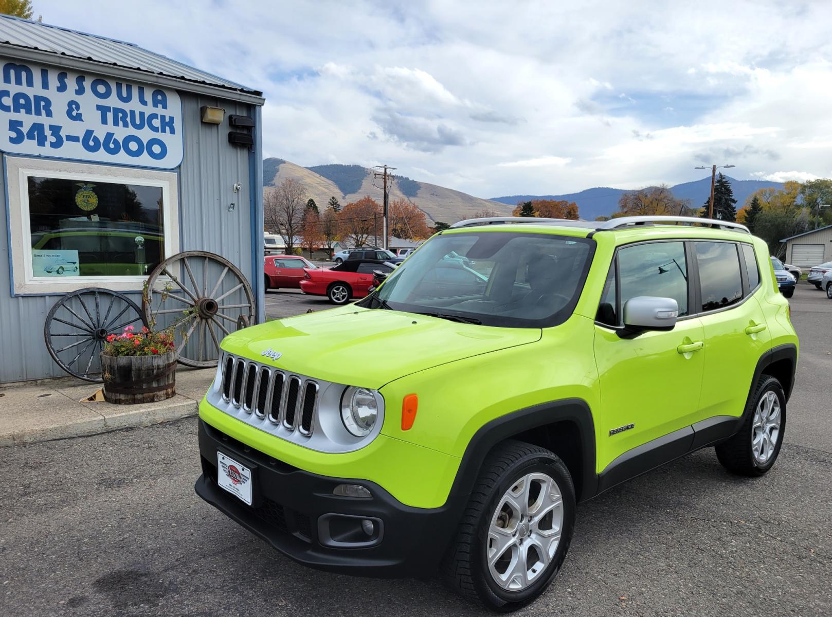 2017 Hyper Green /Black Jeep Renegade Limited 4WD (ZACCJBDB9HP) with an 2.4L L4 DOHC 16V engine, 9A transmission, located at 450 N Russell, Missoula, MT, 59801, (406) 543-6600, 46.874496, -114.017433 - 4 Wheel Drive. Automatic Transmission. Heated Leather Seats. Power Drivers Seat. Power Moon Roof. Air. Cruise. Tilt. Navigation. AM FM XM. Power Windows and Locks. Heated Steering Wheel. - Photo #1