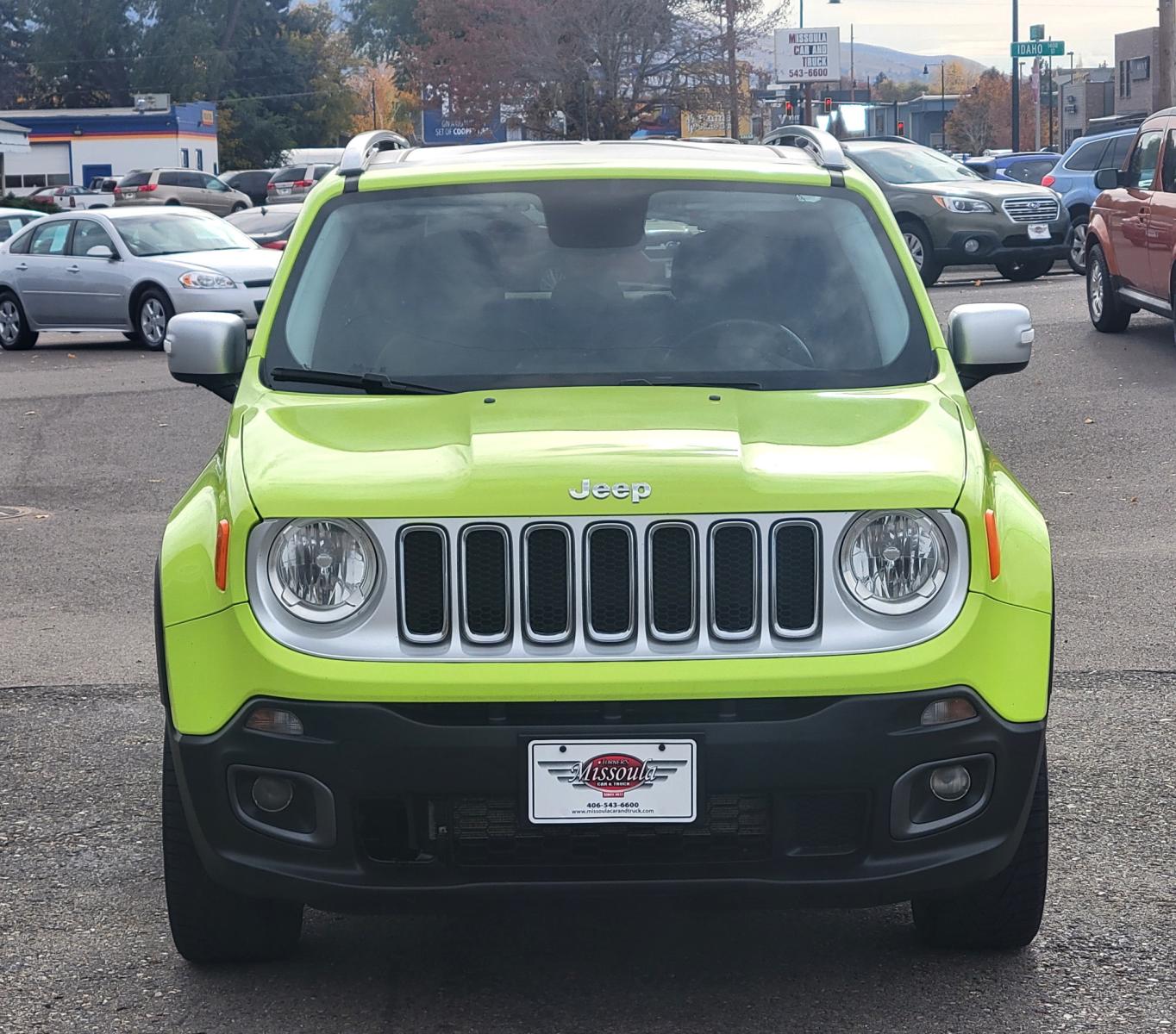 2017 Hyper Green /Black Jeep Renegade Limited 4WD (ZACCJBDB9HP) with an 2.4L L4 DOHC 16V engine, 9A transmission, located at 450 N Russell, Missoula, MT, 59801, (406) 543-6600, 46.874496, -114.017433 - 4 Wheel Drive. Automatic Transmission. Heated Leather Seats. Power Drivers Seat. Power Moon Roof. Air. Cruise. Tilt. Navigation. AM FM XM. Power Windows and Locks. Heated Steering Wheel. - Photo #2