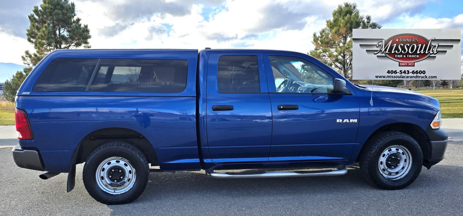 2010 Blue /Black Dodge Ram 1500 Laramie Quad Cab 4WD (1D7RV1GP2AS) with an 4.7L V8 SOHC 16V FFV engine, 5-Speed Automatic transmission, located at 450 N Russell, Missoula, MT, 59801, (406) 543-6600, 46.874496, -114.017433 - Don't let the miles scare you. This Truck runs amazing!! 4 Wheel Drive. Automatic Transmission. 4.7L V8 Engine. Nice matching topper. Air. Cruise. Tilt. Power Windows and Locks. Towing. Because of the miles, Financing is NOT Available. - Photo#0