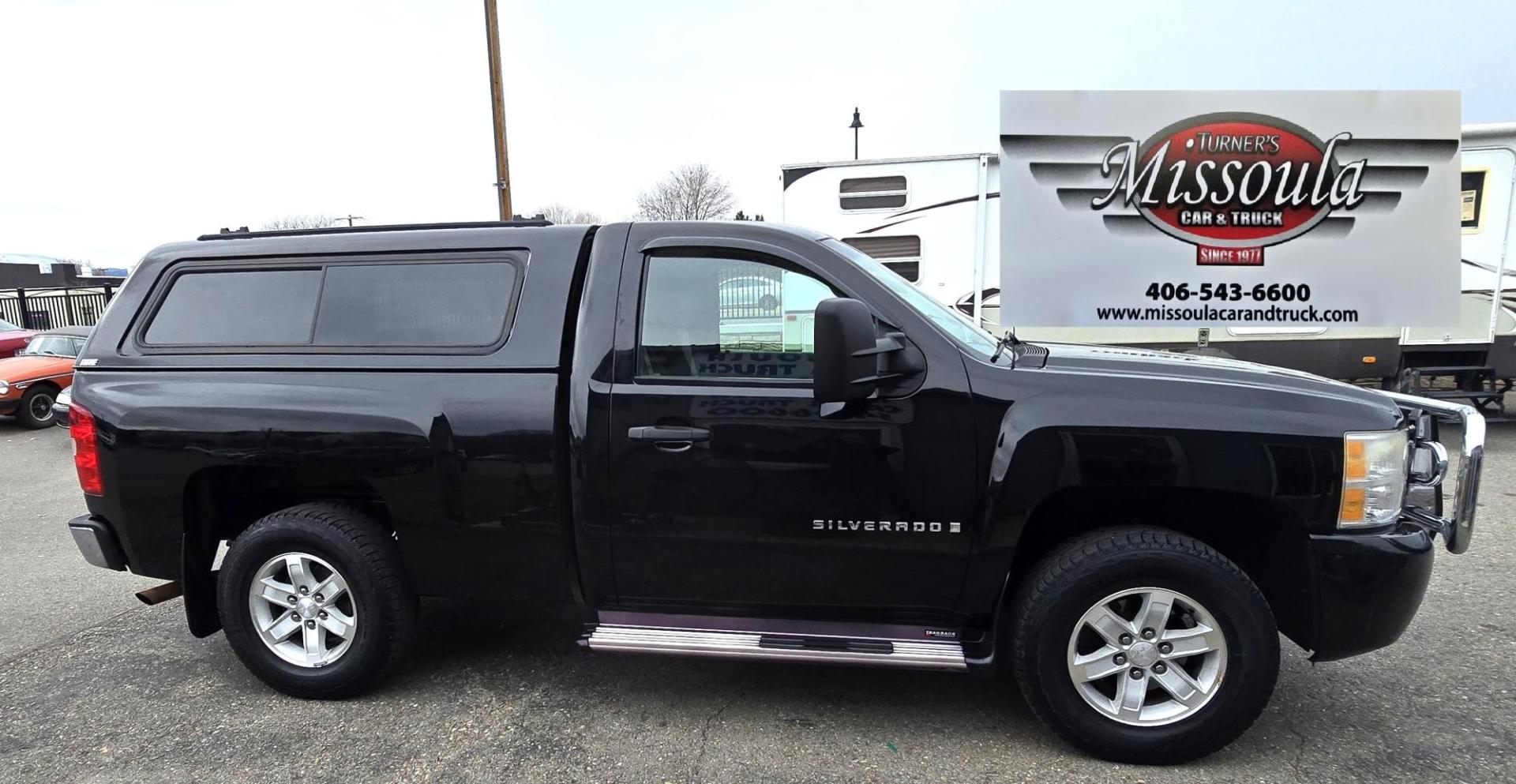 2007 Black /Black Chevrolet Silverado 1500 LT1 2WD (1GCEC14C67Z) with an 4.8L V8 OHV 16V engine, 4-Speed Automatic Overdrive transmission, located at 450 N Russell, Missoula, MT, 59801, (406) 543-6600, 46.874496, -114.017433 - Cute Shorty Chevy with Nice Matching Carpeted Topper. 2 Wheel Drive. 4.8L V8 Engine. Air Conditioning. Tilt. AM FM CD Player. Chrome Grill Guard. Running Boards. - Photo#4