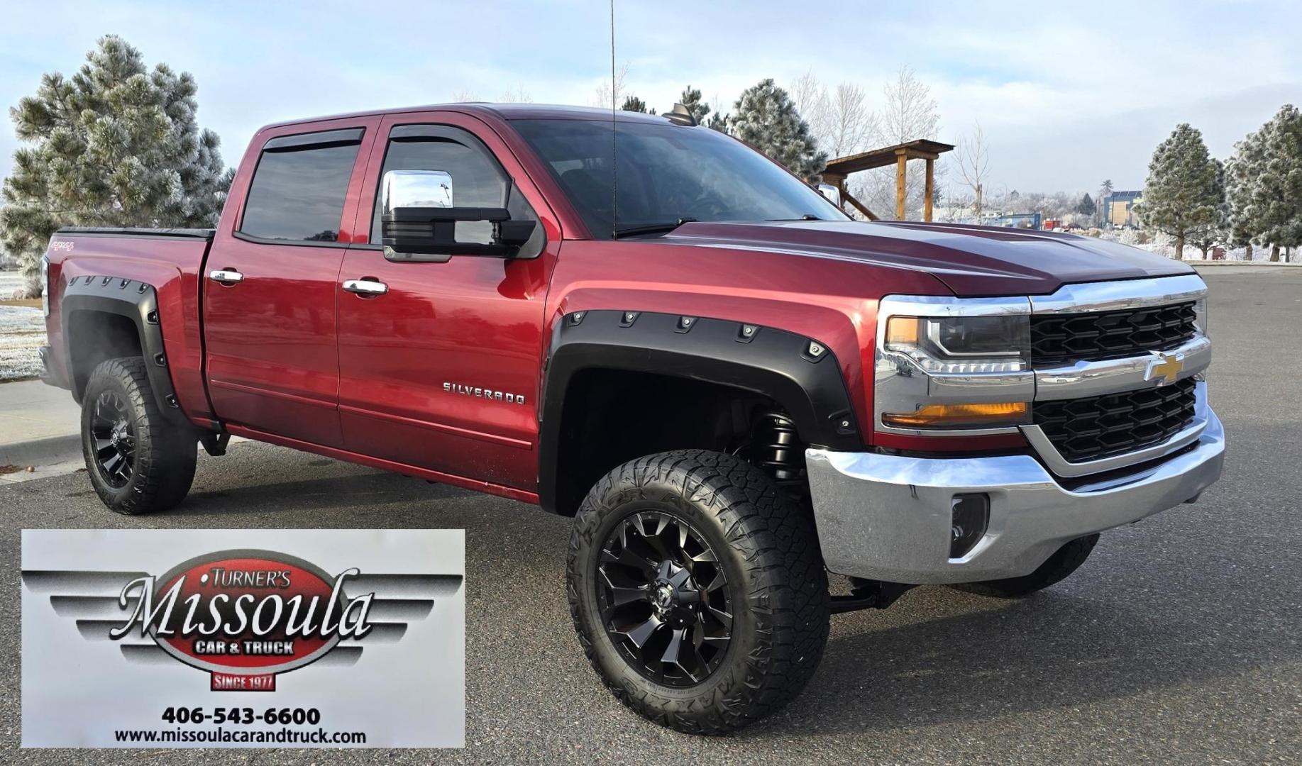 2016 Maroon /Black Chevrolet Silverado 1500 LT Crew Cab 4WD (3GCUKREC2GG) with an 5.3L V8 OHV 16V engine, 6A transmission, located at 450 N Russell, Missoula, MT, 59801, (406) 543-6600, 46.874496, -114.017433 - Great looking 4WD Chevy. 5.3L V8. Automatic. Air. Cruise. Tilt. Bluetooth Audio and Phone. OnStar Navigation. Power Windows and Locks. Remote Started. Heated Seats. Nice custom wheels. - Photo#1