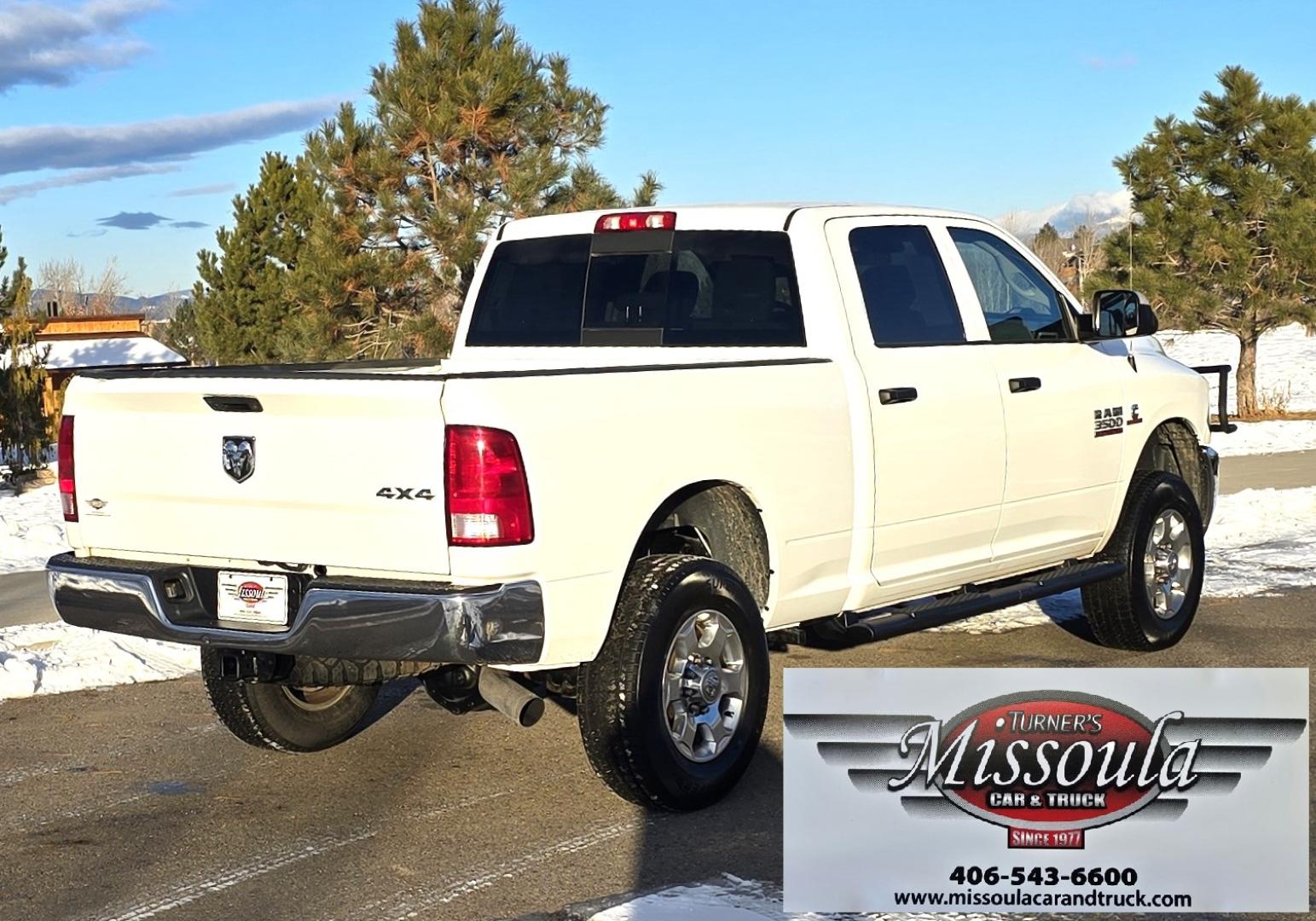 2018 White /Black RAM 3500 Tradesman Crew Cab 4WD (3C63R3CL3JG) with an 6.7L L6 OHV 24V TURBO DIESEL engine, 6A transmission, located at 450 N Russell, Missoula, MT, 59801, (406) 543-6600, 46.874496, -114.017433 - Beefy One Ton 4WD with 6.7L Cummins Diesel Engine. 6 Speed Manual Transmission. Bluetooth. Backup Camera. Grill Guard. Running Boards. Air. Cruise. Tilt. New Tires. Towing. Power Windows and Locks. One Owner with Clean Carfax. - Photo#4