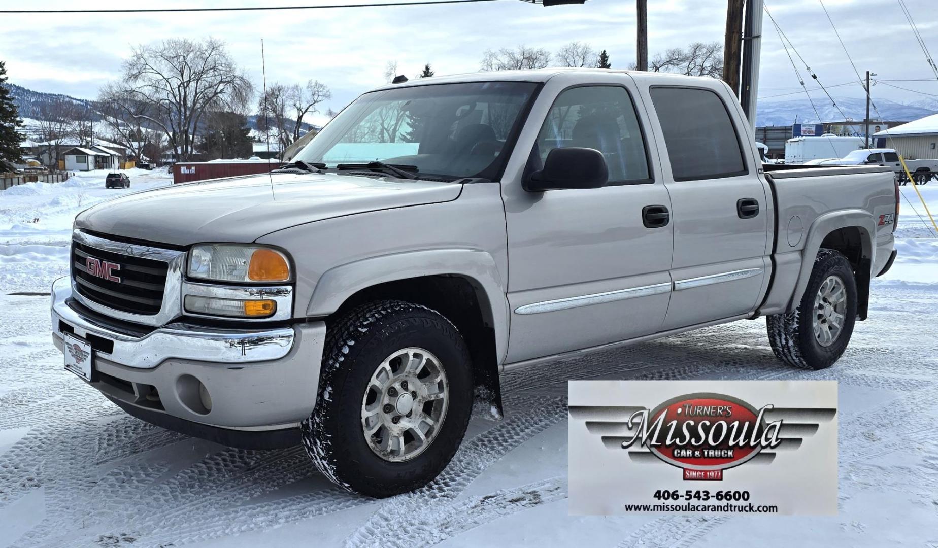 2005 Silver /Gray GMC Sierra 1500 SLE Crew Cab Short Bed 4WD (2GTEK13T151) with an 5.3L V8 OHV 16V engine, 4-Speed Automatic Overdrive transmission, located at 450 N Russell, Missoula, MT, 59801, (406) 543-6600, 46.874496, -114.017433 - Excellent Running 4WD. 5.3L V8 Engine. Automatic Transmission. Air. Cruise. Tilt. Power Drivers Seat. AM FM XM CD. Power Windows and Locks. Very Clean two owner vehicle. Because of the age, our Credit Union does not offer financing on this vehicle. - Photo#0
