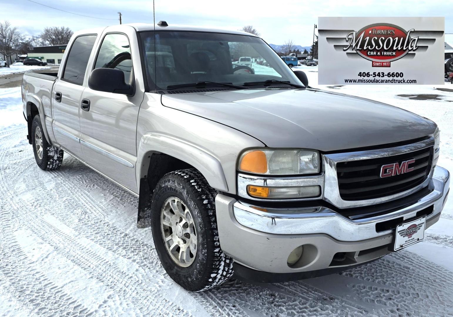 2005 Silver /Gray GMC Sierra 1500 SLE Crew Cab Short Bed 4WD (2GTEK13T151) with an 5.3L V8 OHV 16V engine, 4-Speed Automatic Overdrive transmission, located at 450 N Russell, Missoula, MT, 59801, (406) 543-6600, 46.874496, -114.017433 - Excellent Running 4WD. 5.3L V8 Engine. Automatic Transmission. Air. Cruise. Tilt. Power Drivers Seat. AM FM XM CD. Power Windows and Locks. Very Clean two owner vehicle. Because of the age, our Credit Union does not offer financing on this vehicle. - Photo#2