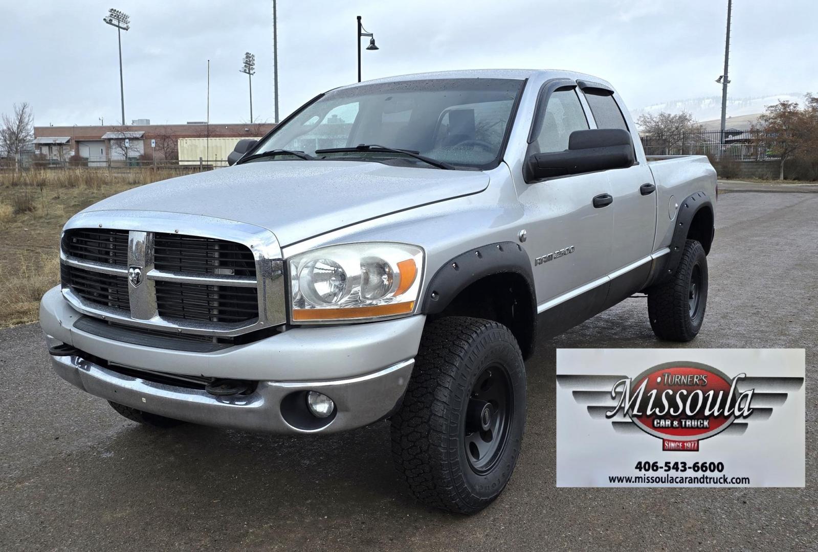 2006 Silver /Gray Dodge Ram 2500 SLT Quad Cab 4WD (3D7KS28C66G) with an 5.9L L6 OHV 24V TURBO DIESEL engine, Automatic transmission, located at 450 N Russell, Missoula, MT, 59801, (406) 543-6600, 46.874496, -114.017433 - Great Running 3/4 Ton Diesel 4WD. Automatic Transmission. Air. Cruise. Tilt. Power Windows and Locks. Gooseneck Ball. Some of the recent work done: New Tranny Oil Cooler. New U-Joints. Rebuilt Driveline., Replaced Tirod Ends and Track Bar. New Ball Joints. Rocker Arms. Radiator. - Photo#1