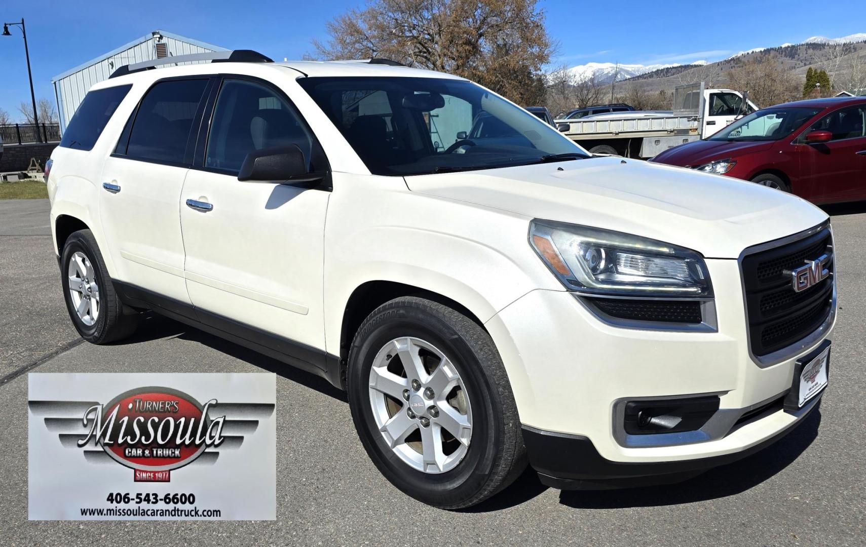 2013 White /Black GMC Acadia SLE-2 AWD (1GKKVPED2DJ) with an 3.6L V6 DOHC 24V engine, 6A transmission, located at 450 N Russell, Missoula, MT, 59801, (406) 543-6600, 46.874496, -114.017433 - Sharp AWD SUV. 3rd Row Seating. 3.6L V6. Automatic. Air. Cruise. Tilt. 2nd Row Captains Seats. Heated Front Seats. Power Lift Gate. Bluetooth Audio and Phone. Remote Start. Towing. - Photo#1