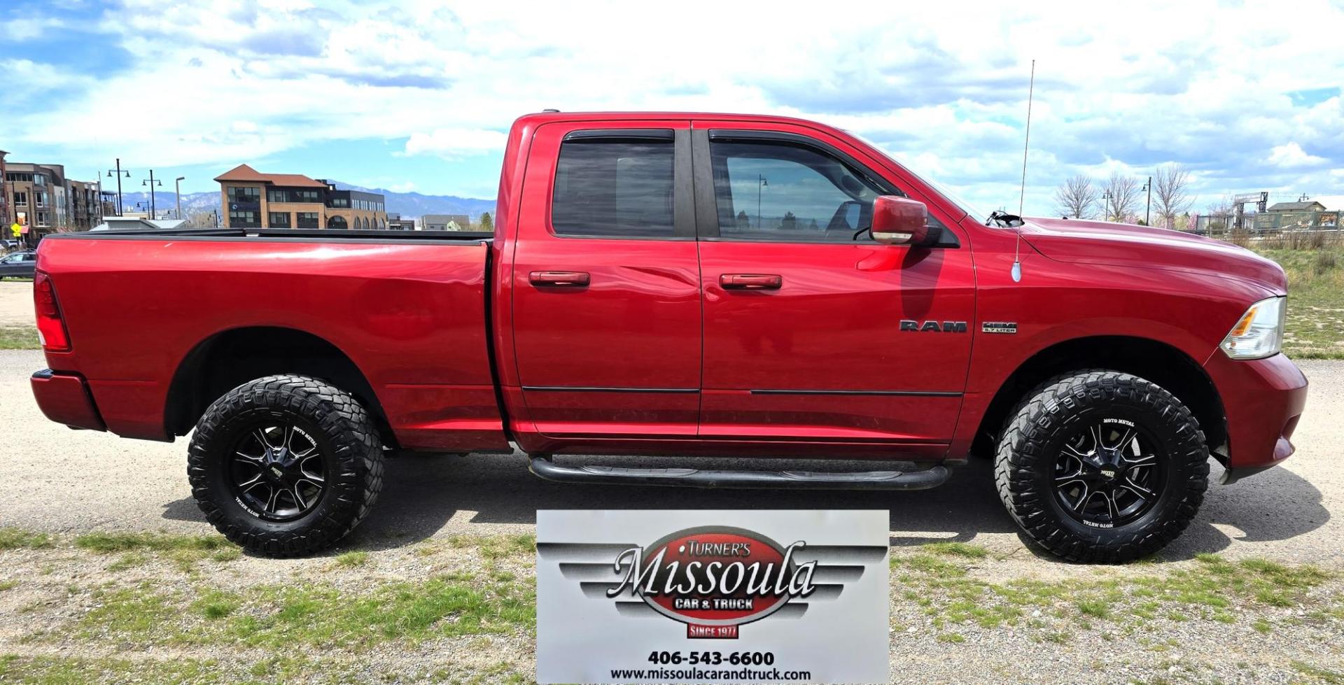 2010 Red /Gray Dodge Ram 1500 SLT Sport Quad Cab 4WD (1D7RV1GT1AS) with an 5.7L V8 OHV 16V engine, 5-Speed Automatic transmission, located at 450 N Russell, Missoula, MT, 59801, (406) 543-6600, 46.874496, -114.017433 - Beautiful Red 4WD Truck. 5.7L Hemi V8. Automatic Transmission. Air Cruise Tilt. Power Windows and Locks. Remote Start. Bluetooth Audio and Phone. Alpine Stereo System AM FM Sat CD Player with Harddrive. Navigation. Nice Aftermarket Wheels. Running Boards. Bed Liner. Has a couple small dents on passe - Photo#3