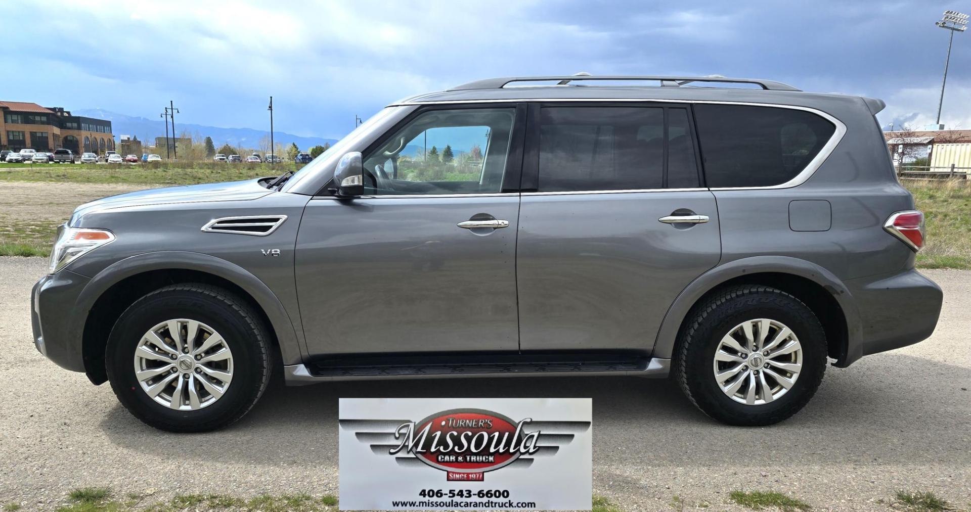 2018 Grey /Gray Nissan Armada SV AWD (JN8AY2NC6J9) with an 5.6L V8 DOHC 32V engine, 7A transmission, located at 450 N Russell, Missoula, MT, 59801, (406) 543-6600, 46.874496, -114.017433 - Luxury SUV. Rides Smooth. Powerful 5.6L V8 Engine. 3rd Row Seating Heated Power Front Seats. Front and Rear Climate Control. AM FM SAT CD. Navigation. Power Liftgate. - Photo#1
