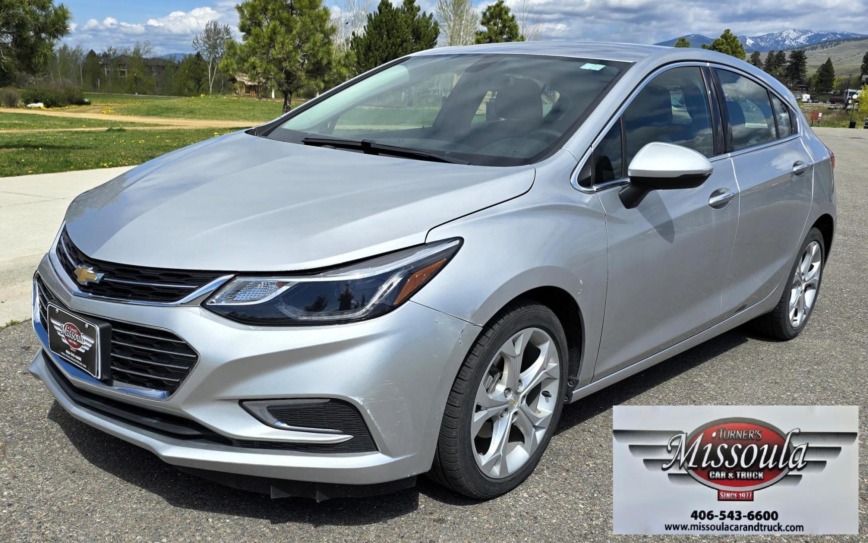 2018 Silver /Black Chevrolet Cruze Premier Hatchback (3G1BF6SM1JS) with an 1.4L L4 DOHC 16V TURBO engine, 6A transmission, located at 450 N Russell, Missoula, MT, 59801, (406) 543-6600, 46.874496, -114.017433 - Loaded Chevy Cruise Premier FWD Hatchback. Only 21K Miles. 1.4L I4 Engine gets Incredible Gas Mileage. Automatic Transmission. Heated Leather Seats. Heated Steering Wheel. AM FM SAT. Bluetooth Audio and Phone. Backup Camera. Power Windows and Locks. Remote Start. - Photo#1