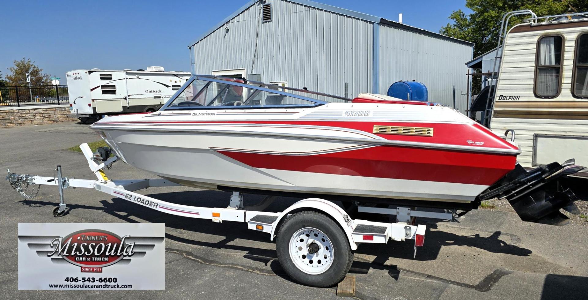 1992 Red /Red Glastron G1700 G1700 with an MerCruiser 4.3L V6 engine, located at 450 N Russell, Missoula, MT, 59801, (406) 543-6600, 46.874496, -114.017433 - You will be hard pressed to find another used Boat in this Condition. Pristine. Paint is near perfect. Upholstery is Excellent. Boat has been stored under two covers. Motor is a 4.3L V6 MerCruiser that runs well. EZ Load Trailer is also in great condition. Financing is Not Available through our - Photo#0