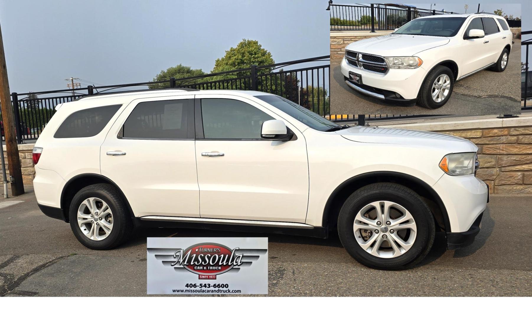 2013 White /Black Dodge Durango Crew AWD (1C4SDJDT7DC) with an 5.7L V8 OHV 16V engine, 5-Speed Automatic transmission, located at 450 N Russell, Missoula, MT, 59801, (406) 543-6600, 46.874496, -114.017433 - 5.7 Hemi Powered AWD SUV. 3rd Row Seating. Power Sunroof. Remote Start. Heated Leather Front Seats. AM FM SAT CD Player. Navigation. Bluetooth Audio and Phone. Backup Camera. Air. Cruise. Tilt. Lots of Power to Play and the Room of a Family Car. - Photo#0