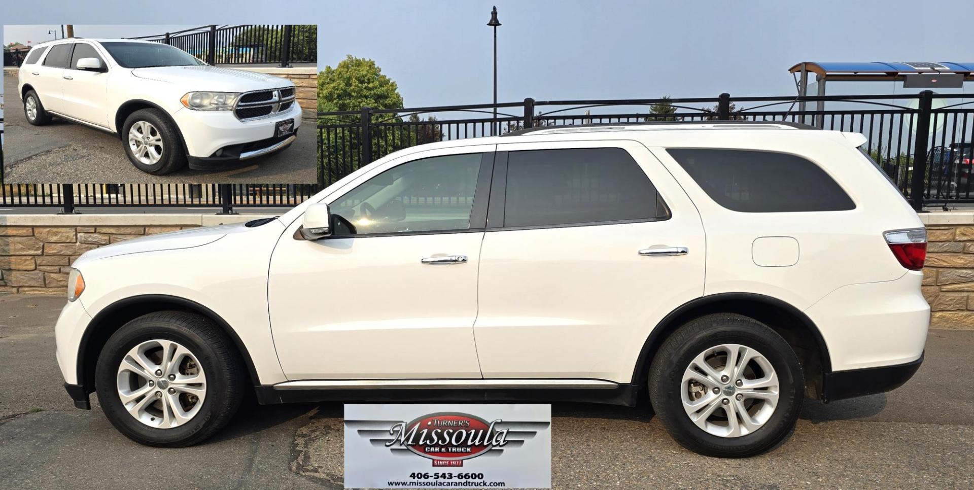 2013 White /Black Dodge Durango Crew AWD (1C4SDJDT7DC) with an 5.7L V8 OHV 16V engine, 5-Speed Automatic transmission, located at 450 N Russell, Missoula, MT, 59801, (406) 543-6600, 46.874496, -114.017433 - 5.7 Hemi Powered AWD SUV. 3rd Row Seating. Power Sunroof. Remote Start. Heated Leather Front Seats. AM FM SAT CD Player. Navigation. Bluetooth Audio and Phone. Backup Camera. Air. Cruise. Tilt. Lots of Power to Play and the Room of a Family Car. - Photo#1