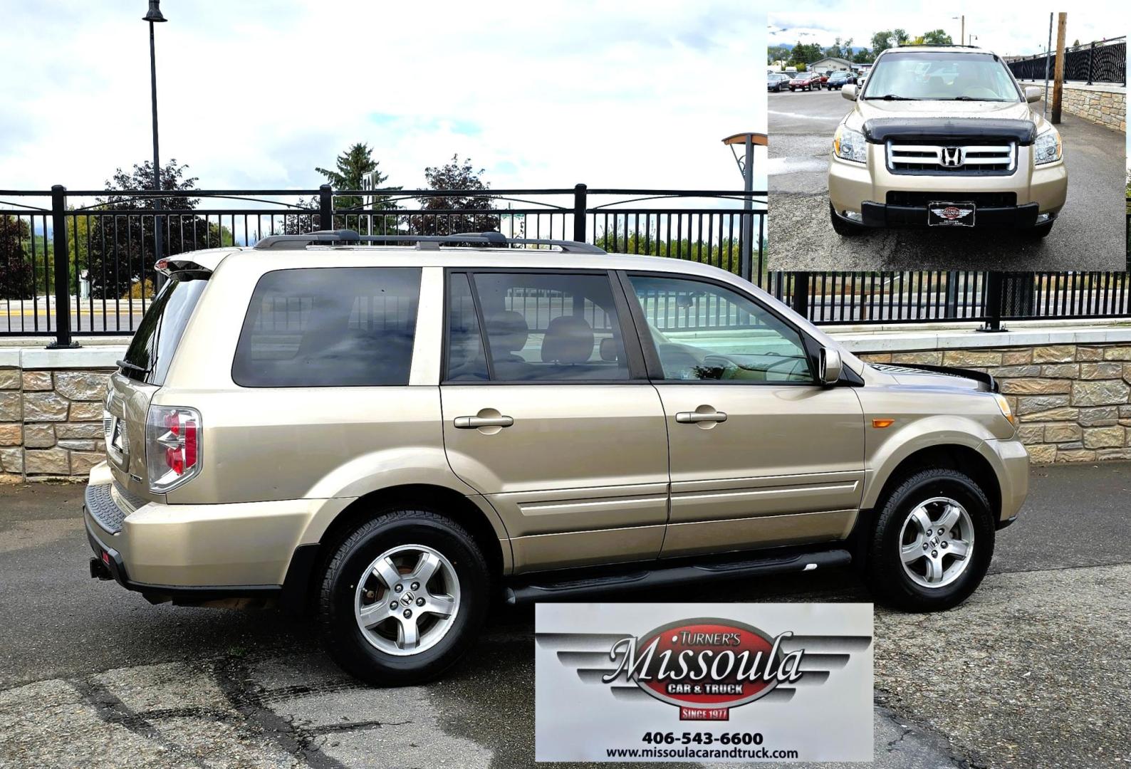 2006 Gold /Tan Honda Pilot EX 4WD w/Leather and Navigation (2HKYF18726H) with an 3.5L V6 SOHC 24V engine, 5-Speed Automatic Overdrive transmission, located at 450 N Russell, Missoula, MT, 59801, (406) 543-6600, 46.874496, -114.017433 - One Owner Honda Pilot AWD. 3.5L V6 Engine. Leather Heated Front Seats. 3rd Row Seating. Power Sun Roof. Power Windows and Locks. Air. Cruise. Tilt. Navigation. Bluetooth. Backup Camera. AM FM XM CD Changer. Timing Belt was Replaced at 120K We Finance through local Credit Unions. We do NOT off - Photo#1