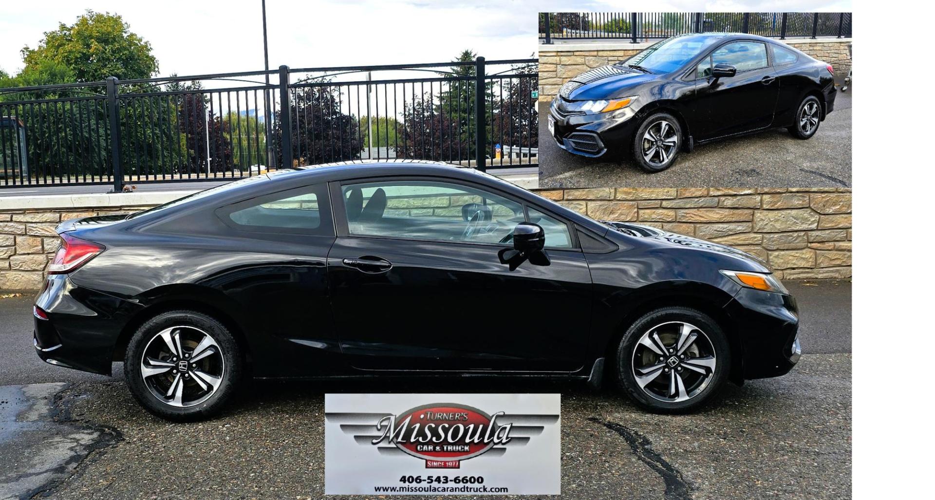 2015 Black /Black Honda Civic EX Coupe CVT (2HGFG3B80FH) with an 2.3L L4 SOHC 16V engine, Automatic transmission, located at 450 N Russell, Missoula, MT, 59801, (406) 543-6600, 46.874496, -114.017433 - Sporty with great Fuel Economy FWD Coupe. 1.8L Engine. Automatic Transmission with the ability to also shift with the steering wheel paddle shifter. Power Sun Roof. Power Windows and Locks. Air. Cruise. Tilt. AM FM SAT. Bluetooth Audio and Phone. Backup Camera. Right Turn Camera. 2 Owner. - Photo#1