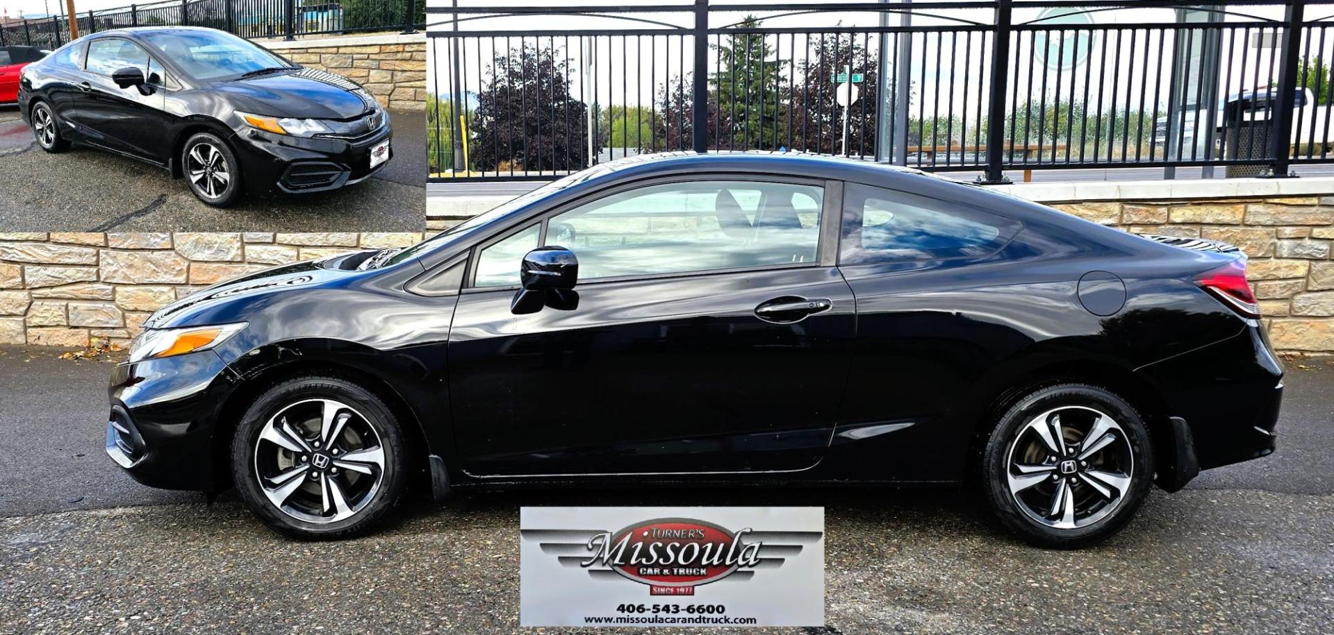 2015 Black /Black Honda Civic EX Coupe CVT (2HGFG3B80FH) with an 2.3L L4 SOHC 16V engine, Automatic transmission, located at 450 N Russell, Missoula, MT, 59801, (406) 543-6600, 46.874496, -114.017433 - Sporty with great Fuel Economy FWD Coupe. 1.8L Engine. Automatic Transmission with the ability to also shift with the steering wheel paddle shifter. Power Sun Roof. Power Windows and Locks. Air. Cruise. Tilt. AM FM SAT. Bluetooth Audio and Phone. Backup Camera. Right Turn Camera. 2 Owner. - Photo#0