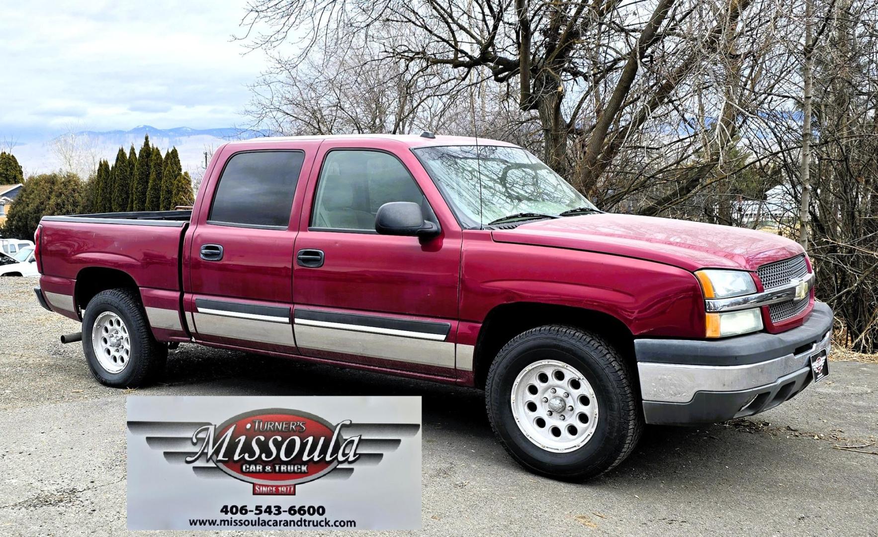 2004 Maroon /Gray Chevrolet Silverado 1500 LS Crew Cab 4WD (2GCEK13T641) with an 5.3L V8 OHV 16V engine, 4-Speed Automatic Overdrive transmission, located at 450 N Russell, Missoula, MT, 59801, (406) 543-6600, 46.874496, -114.017433 - Great Running 4WD Silverado. 4WD Automatic Transmission. 5.3L V8 Engine. Very Comfortable Seats. Air. Cruise. Tilt. Power Windows and Locks. AM FM CD Player. The vehicle was stolen from a previous owner in 2016. The Insurance paid off a total loss before the vehicle was recovered. Once it was recov - Photo#1