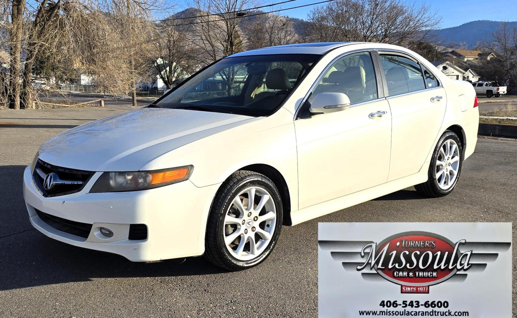 2006 White /Black Acura TSX 5-Speed AT (JH4CL96826C) with an 2.4L L4 DOHC 16V engine, 5-Speed Automatic Overdrive transmission, located at 450 N Russell, Missoula, MT, 59801, (406) 543-6600, 46.874496, -114.017433 - Very Clean Front Wheel Drive Sedan. Zippy 2.4L I4 Engine. Automatic Transmission. Nice Bridgestone All Season Radials. Power Sunroof. Premium Sound AM FM 6 Disc Changer. Heated Power Front Seats. (Drives Seat has a small rip) Drives smooth. Because of the age, our lenders do NOT offer financing - Photo#3