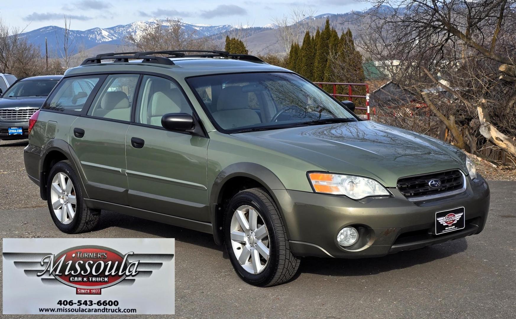 2006 Green /Tan Subaru Outback 2.5i Wagon (4S4BP61C667) with an 2.5L H4 SOHC 16V engine, 4-Speed Automatic Overdrive transmission, located at 450 N Russell, Missoula, MT, 59801, (406) 543-6600, 46.874496, -114.017433 - Sharp little AWD Suby. 2.5L H4 Engine. Automatic Transmission. All the maintenance that a Subaru needs. New Timing Belt. New Water Pump. New Head Gasket. Very Quiet. Firestone Tires in great condition. Heated front Seats. Air. Cruise. Tilt. Power Windows and Locks. Very Clean. Has a couple small den - Photo#2