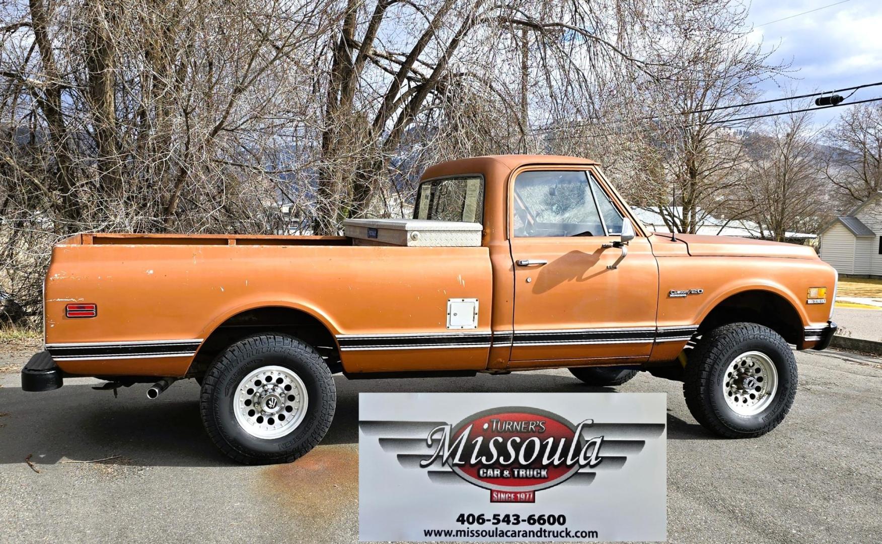 1971 Orange /Black Chevrolet C20 Custom Deluxe Custom Deluxe (CE241Z65340) with an 350 V8 engine, Automatic transmission, located at 450 N Russell, Missoula, MT, 59801, (406) 543-6600, 46.874496, -114.017433 - We find some rare birds but this may take the cake. 1971 Chevy 3/4 Ton Four Wheel Drive. 350 V8 Engine that runs fantastic and starts right up even in the cold weather. Automatic Transmission. Long Bed. Locking Warn Hubs. Nice Wheels and Tires. Dual Gas Tanks. Interior could use some restoration bu - Photo#0