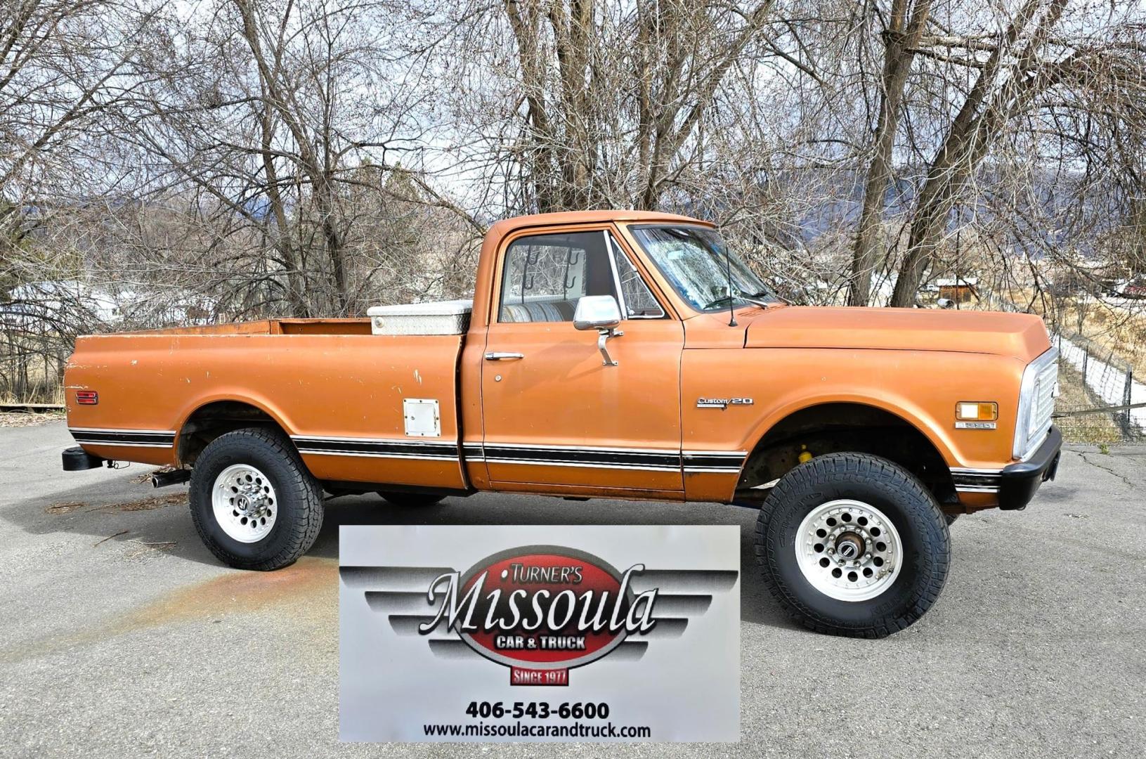 1971 Orange /Black Chevrolet C20 Custom Deluxe Custom Deluxe (CE241Z65340) with an 350 V8 engine, Automatic transmission, located at 450 N Russell, Missoula, MT, 59801, (406) 543-6600, 46.874496, -114.017433 - We find some rare birds but this may take the cake. 1971 Chevy 3/4 Ton Four Wheel Drive. 350 V8 Engine that runs fantastic and starts right up even in the cold weather. Automatic Transmission. Long Bed. Locking Warn Hubs. Nice Wheels and Tires. Dual Gas Tanks. Interior could use some restoration bu - Photo#3