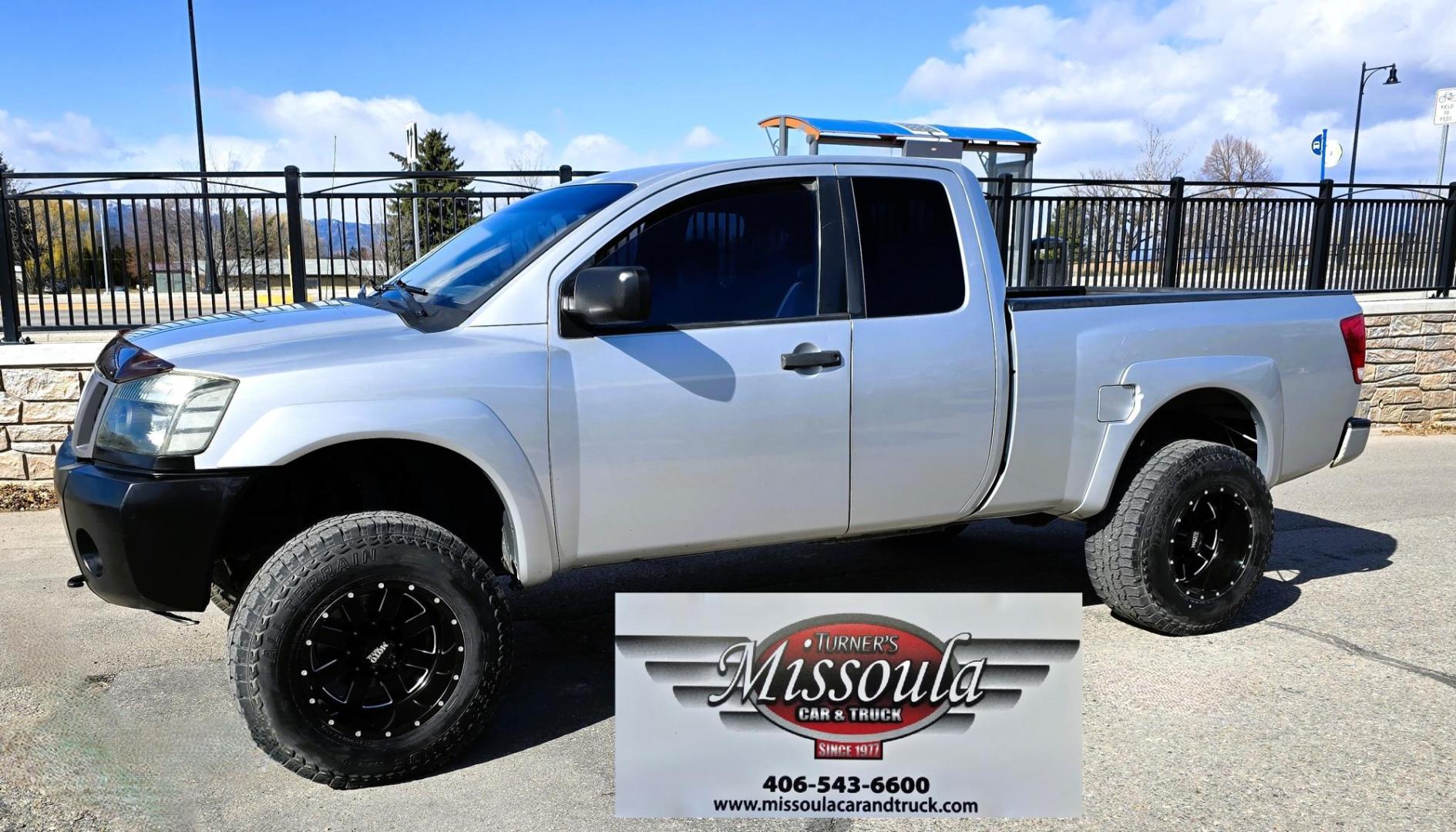 2004 Silver /Black Nissan Titan XE Club Cab 4WD (1N6AA06BX4N) with an 5.6L V8 DOHC 32V engine, 5-Speed Automatic Overdrive transmission, located at 450 N Russell, Missoula, MT, 59801, (406) 543-6600, 46.874496, -114.017433 - Beefy 4WD Nissan Titan with the Powerful 5.6L V8 Engine. Automatic Transmission. Comes with Nice Moto Metal Wheels and Open Range All Terrain Tires. Lifted . Air Conditioning. Aftermarket Kenwood CD Player. Because of the age, our lenders do NOT financing on this Vehicle and we do NOT offer - Photo#2