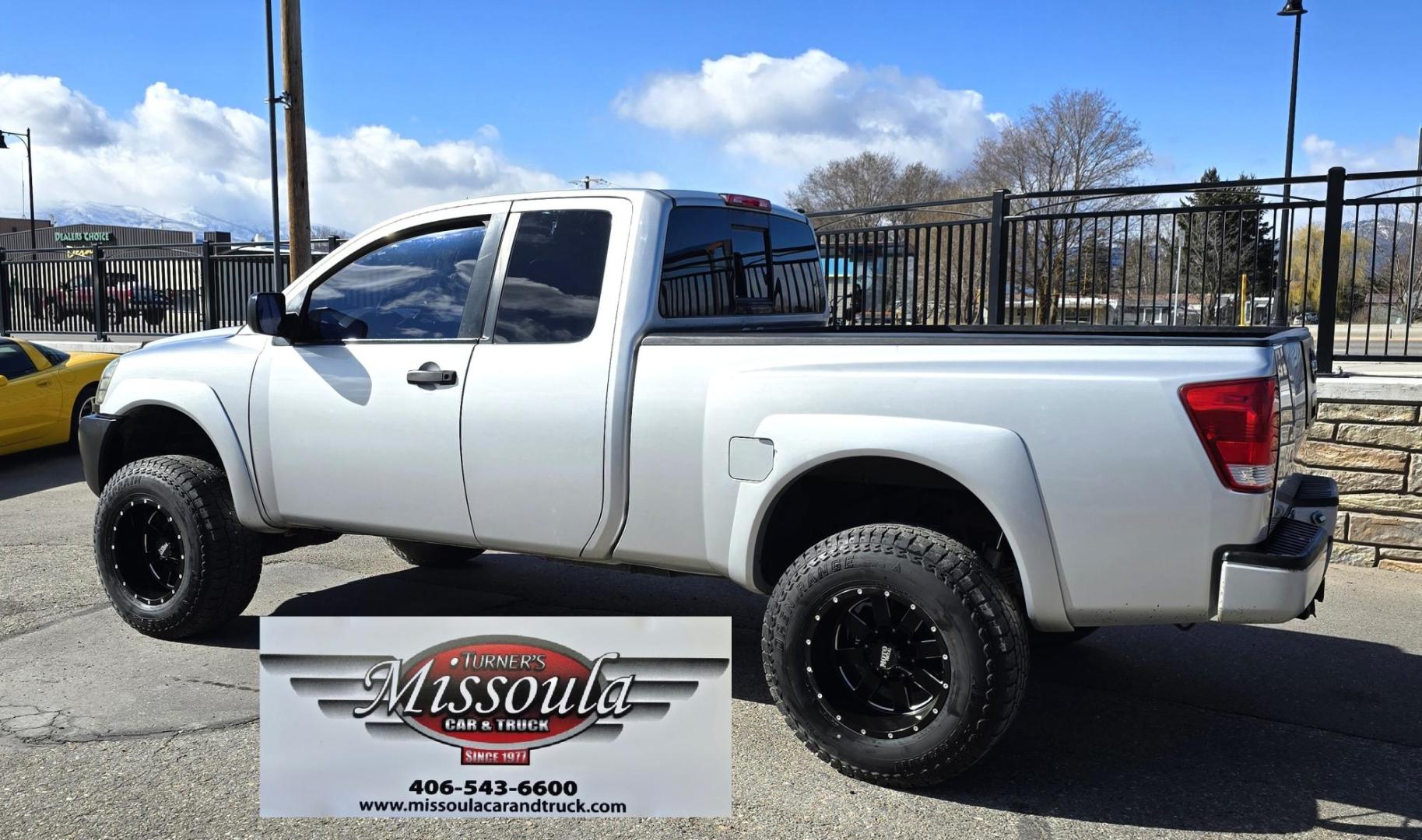 2004 Silver /Black Nissan Titan XE Club Cab 4WD (1N6AA06BX4N) with an 5.6L V8 DOHC 32V engine, 5-Speed Automatic Overdrive transmission, located at 450 N Russell, Missoula, MT, 59801, (406) 543-6600, 46.874496, -114.017433 - Beefy 4WD Nissan Titan with the Powerful 5.6L V8 Engine. Automatic Transmission. Comes with Nice Moto Metal Wheels and Open Range All Terrain Tires. Lifted . Air Conditioning. Aftermarket Kenwood CD Player. Because of the age, our lenders do NOT financing on this Vehicle and we do NOT offer - Photo#1