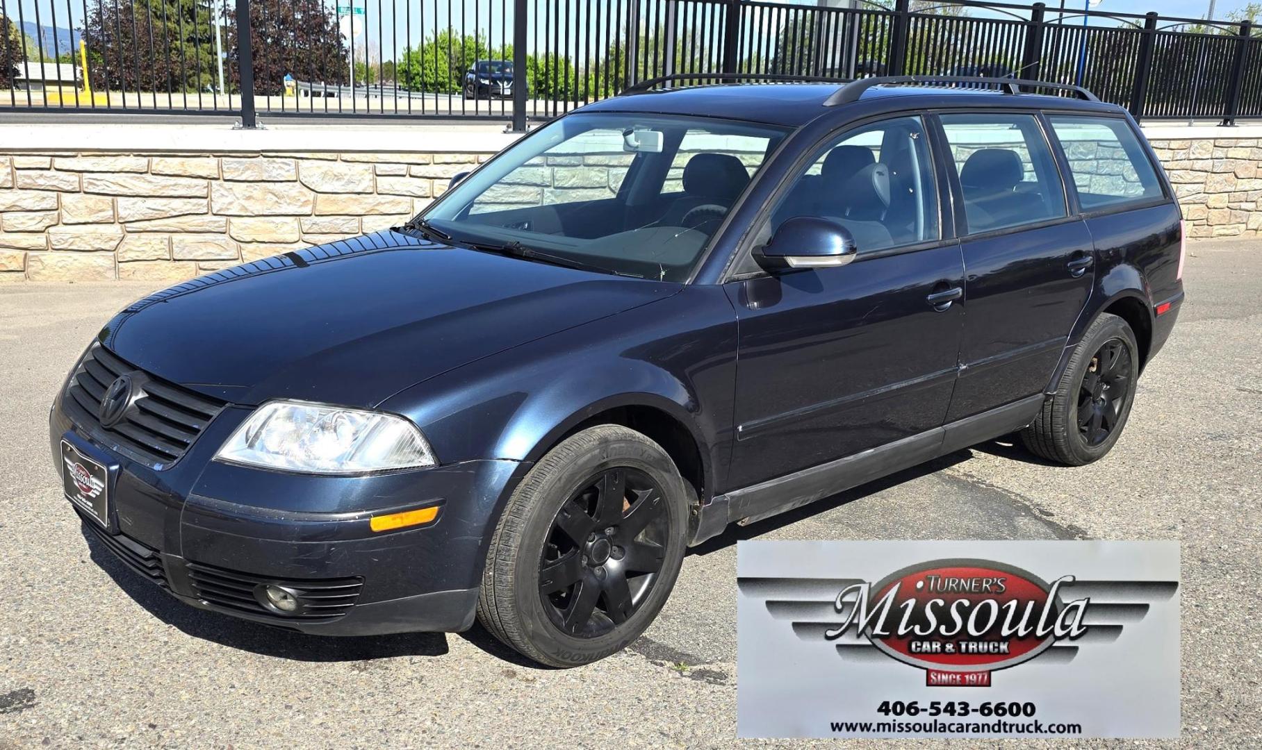 2005 Blue /Black Volkswagen Passat Wagon GLS (WVWDD63B55E) with an 1.8L L4 DOHC 20V TURBO engine, Automatic transmission, located at 450 N Russell, Missoula, MT, 59801, (406) 543-6600, 46.874496, -114.017433 - Strong Running AWD VW Wagon. 1.8L Turbo Engine. Automatic Transmission. Only 116,000 Miles. Air. Cruise. Tilt. Power Windows and Locks. Sunroof. AM FM CD Cassette Player. Heated Front Seats. Clean Title and Carfax. Because of the age, our lenders do NOT offer financing on this vehicle. - Photo#1