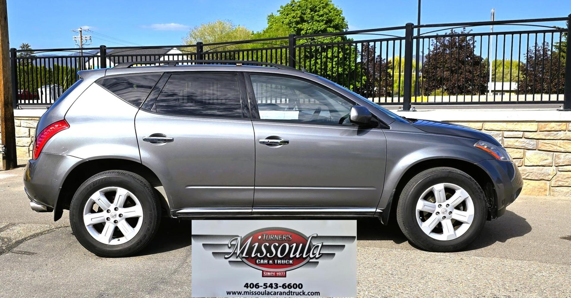 2006 Grey /Black Nissan Murano SL AWD (JN8AZ08W06W) with an 3.5L V6 DOHC 24V engine, Automatic CVT Overdrive transmission, located at 450 N Russell, Missoula, MT, 59801, (406) 543-6600, 46.874496, -114.017433 - Solid AWD SUV with lots of features for it's age. 3.5L V6 Engine. Automatic Transmission. Air. Cruise. Tilt. Power Windows and Locks. Sun Roof. Power, Heated Front Seats. Bose CD and Cassette Stereo. Backup Camera. Tires are in Excellent Condition. Because oft he age, our lenders do NOT offer fin - Photo#0