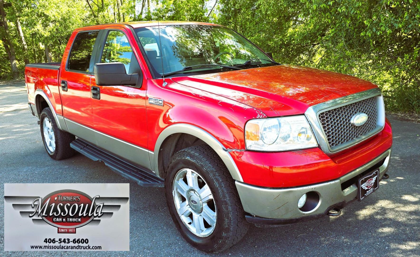 2006 Red /Tan Ford F-150 Lariat SuperCrew (1FTPW14536F) with an 5.4L V6 SOHC 16V engine, 4-Speed Automatic Overdrive transmission, located at 450 N Russell, Missoula, MT, 59801, (406) 543-6600, 46.874496, -114.017433 - Yes it's a lot of miles but it runs great! Reliable 5.4L V8 Engine. Automatic Transmission. 4WD. Power Heated Front Seats. AM FM CD Player. Power Windows and Locks. Air. Cruise. Tilt. Rear Entertainment. Running Boards. The hood and right front fender have some severe scratches from what appears to - Photo#3