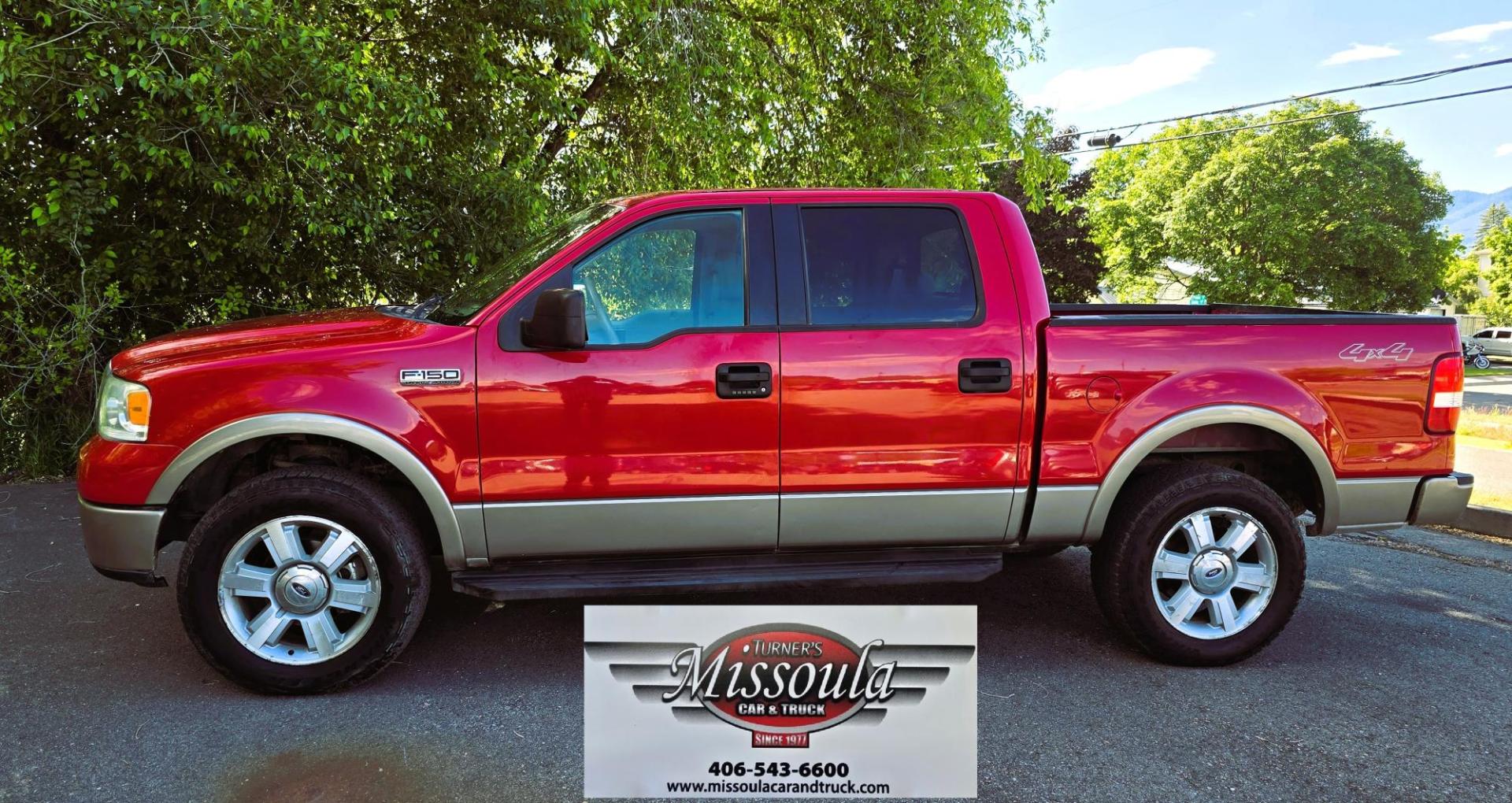 2006 Red /Tan Ford F-150 Lariat SuperCrew (1FTPW14536F) with an 5.4L V6 SOHC 16V engine, 4-Speed Automatic Overdrive transmission, located at 450 N Russell, Missoula, MT, 59801, (406) 543-6600, 46.874496, -114.017433 - Yes it's a lot of miles but it runs great! Reliable 5.4L V8 Engine. Automatic Transmission. 4WD. Power Heated Front Seats. AM FM CD Player. Power Windows and Locks. Air. Cruise. Tilt. Rear Entertainment. Running Boards. The hood and right front fender have some severe scratches from what appears to - Photo#0