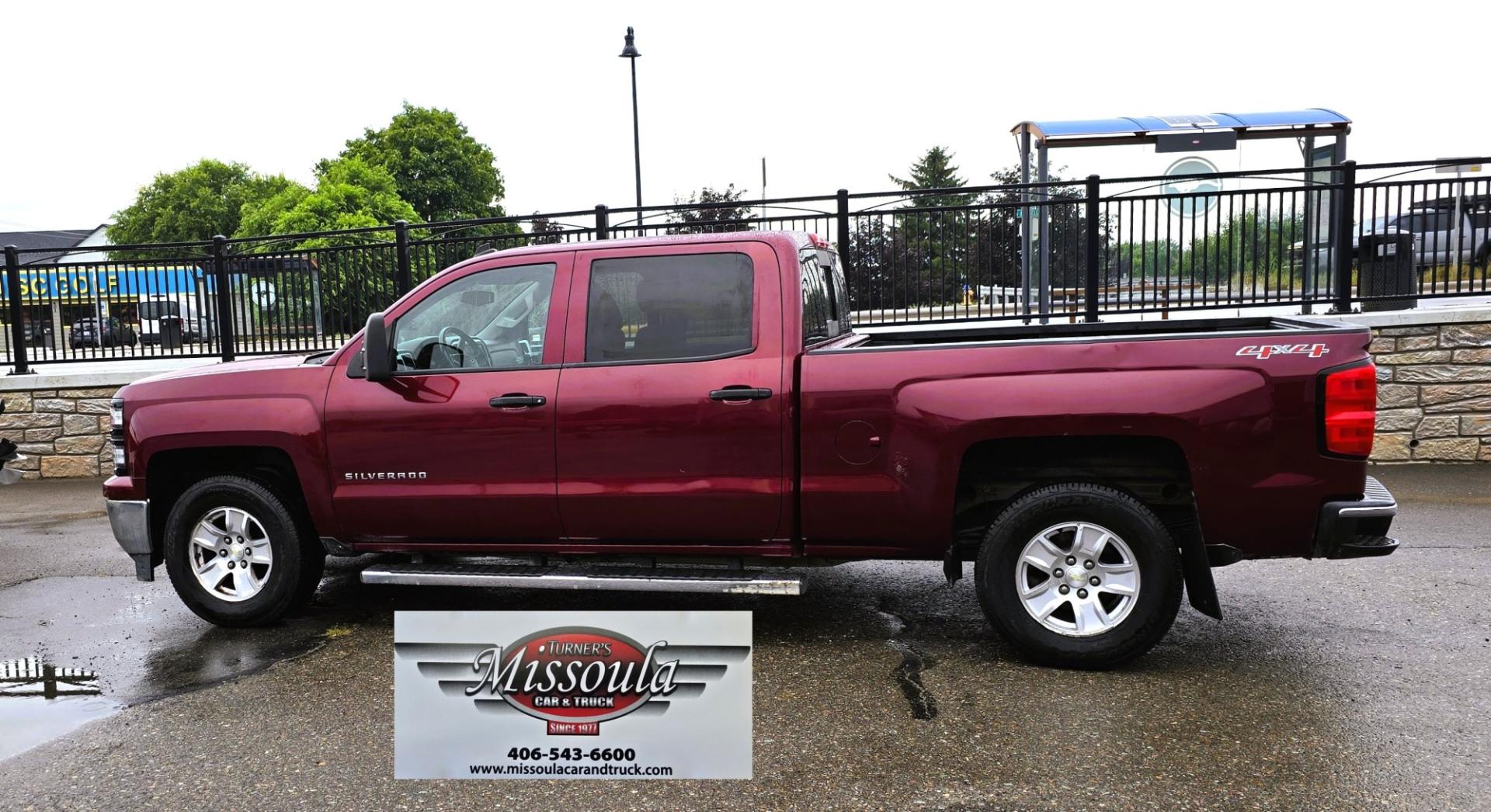 2014 Maroon /Gray Chevrolet Silverado 1500 1LT Crew Cab 4WD (3GCUKREH9EG) with an 4.3L V6 OHV 12V engine, 6-Speed Automatic transmission, located at 450 N Russell, Missoula, MT, 59801, (406) 543-6600, 46.874496, -114.017433 - Sharp Silverado 4WD. Economical 4.V6 Engine. Automatic Transmission. Air. Cruise. Tilt. Power Windows and Locks. Backup Camera. AM FM CD Player. Bluetooth Audio and Phone Connection. Front Seats are Power and Heated. Running Board. Paint has some scratches.- Photo#0