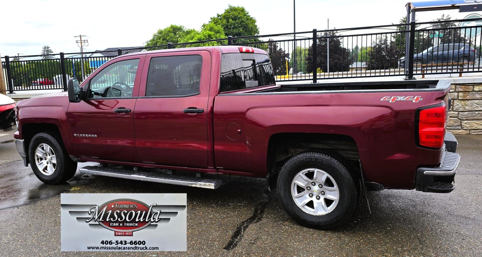 2014 Maroon /Gray Chevrolet Silverado 1500 1LT Crew Cab 4WD (3GCUKREH9EG) with an 4.3L V6 OHV 12V engine, 6-Speed Automatic transmission, located at 450 N Russell, Missoula, MT, 59801, (406) 543-6600, 46.874496, -114.017433 - Sharp Silverado 4WD. Economical 4.V6 Engine. Automatic Transmission. Air. Cruise. Tilt. Power Windows and Locks. Backup Camera. AM FM CD Player. Bluetooth Audio and Phone Connection. Front Seats are Power and Heated. Running Board. Paint has some scratches.- Photo#1