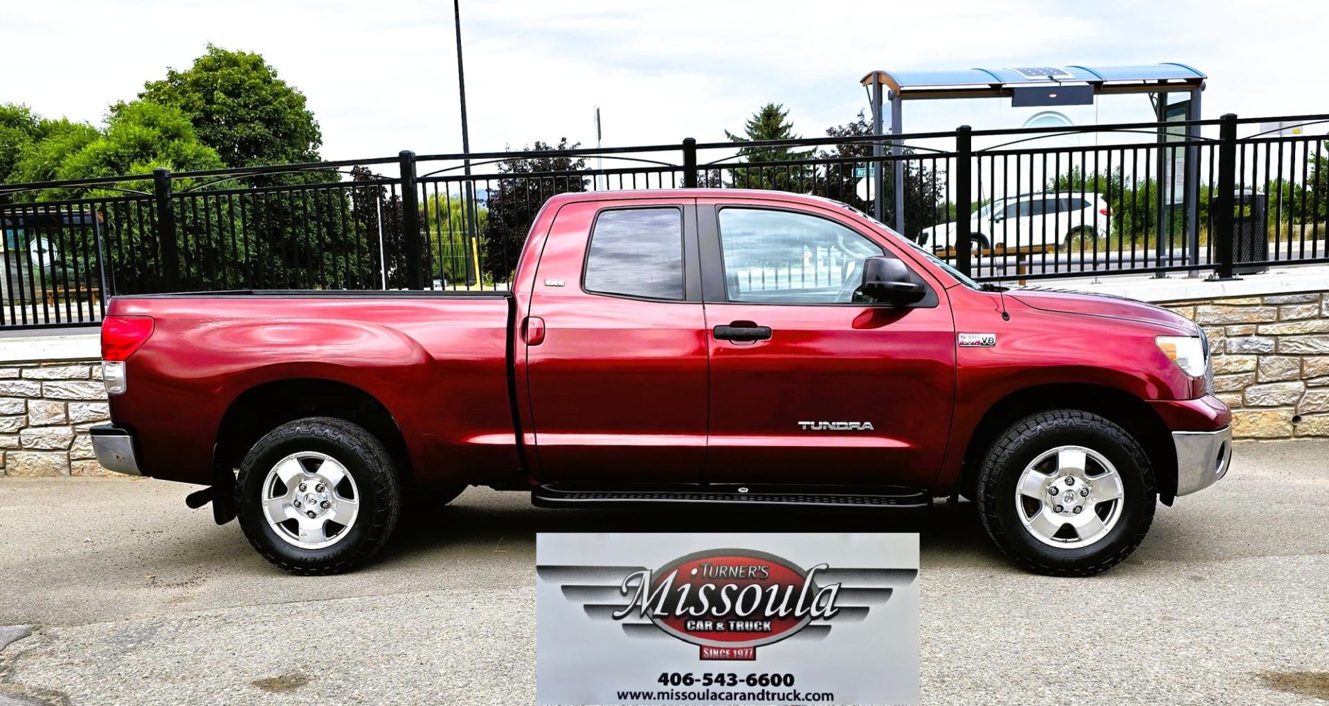 2008 Maroon /Tan Toyota Tundra SR5 Double Cab 5.7L 4WD (5TFBV54198X) with an 5.7L V8 DOHC 32V engine, 6A OD transmission, located at 450 N Russell, Missoula, MT, 59801, (406) 543-6600, 46.874496, -114.017433 - One Owner 2008 Tundra with a Strong 5.7L V8 Engine. Automatic Transmission. 6.5 Foot Bed. Freshly Serviced Air Conditioning. Power Windows and Locks. Cloth Seats. AM FM CD Player. Running Board. Tool Box. We Finance through local Credit Unions. We do NOT offer In House (Buy Here Pay Here) Financ- Photo#0